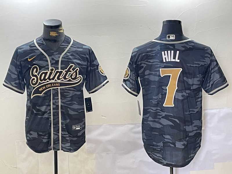 Mens New Orleans Saints #7 Taysom Hill Grey Camo With Patch Cool Base Stitched Baseball Jersey